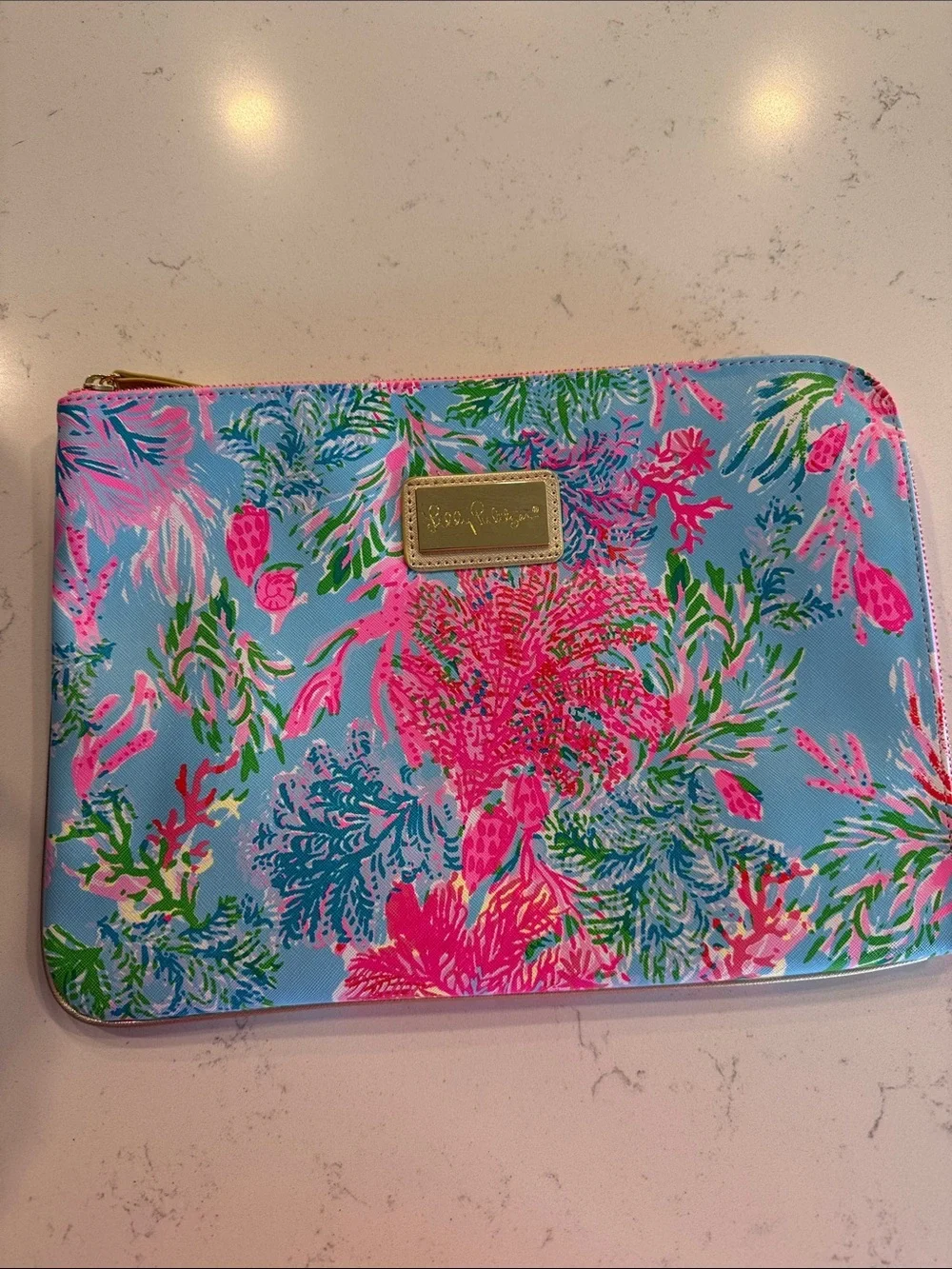 Lilly Pulitzer Blue Floral Zip Pouch with Pink and Green Accents